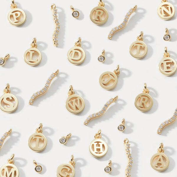 Baby Diamond Drop Date Bar and Initial Disc Necklace in Yellow Gold