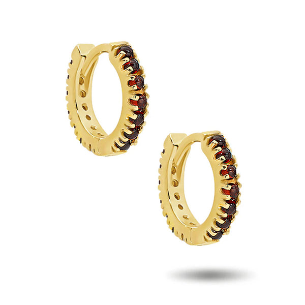 Italian Made Garnet Set Huggie Earrings in Yellow Gold