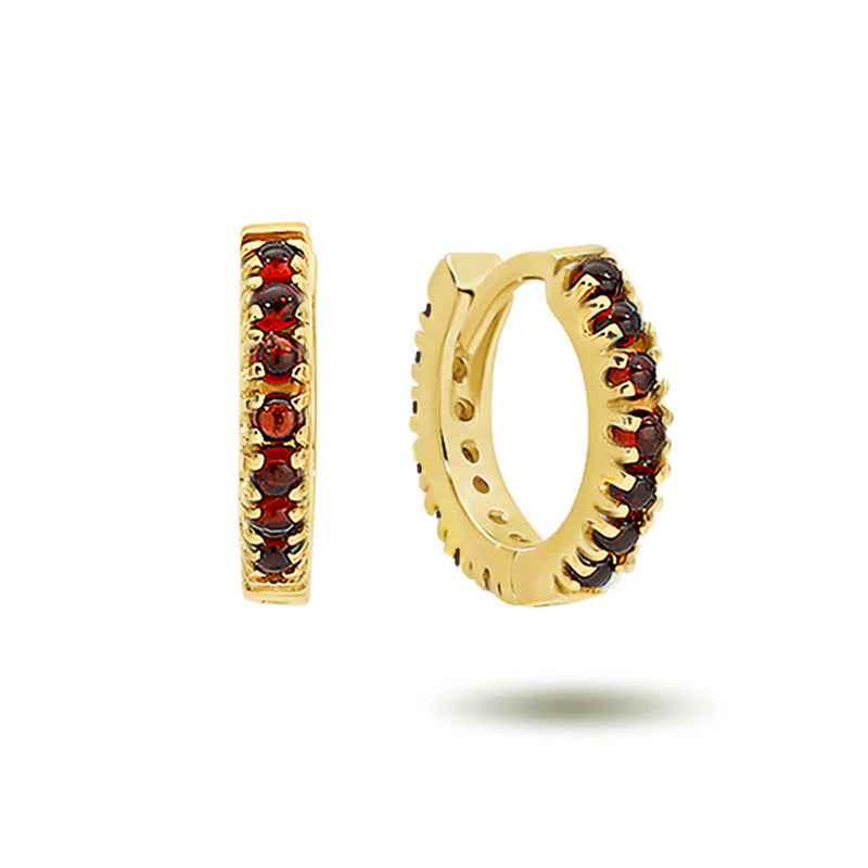 Italian Made Garnet Set Huggie Earrings in Yellow Gold