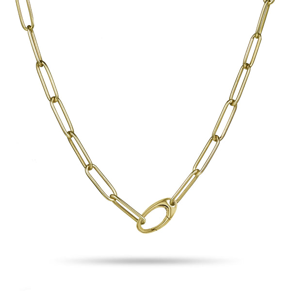 Large Handmade Paperclip Chain Necklace with Charm Clasp in Yellow Gold