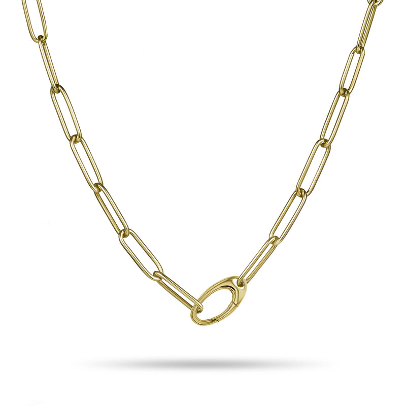 Large Handmade Paperclip Chain Necklace with Charm Clasp in Yellow Gold