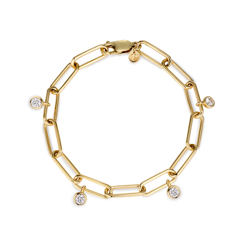 Chunky Solid Handmade Paperclip Diamond Drop Bracelet in Yellow Gold