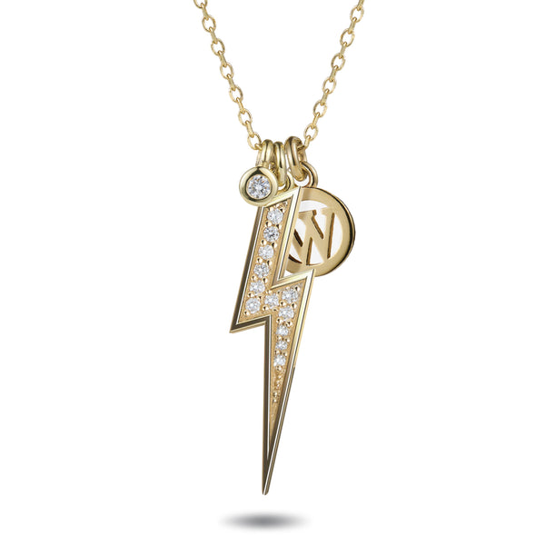 Lightning Bolt necklace set with diamonds in yellow gold. Handmade in Australia