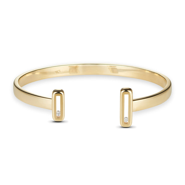 Sliding Diamond Open Cuff Bangle in Solid Yellow Gold