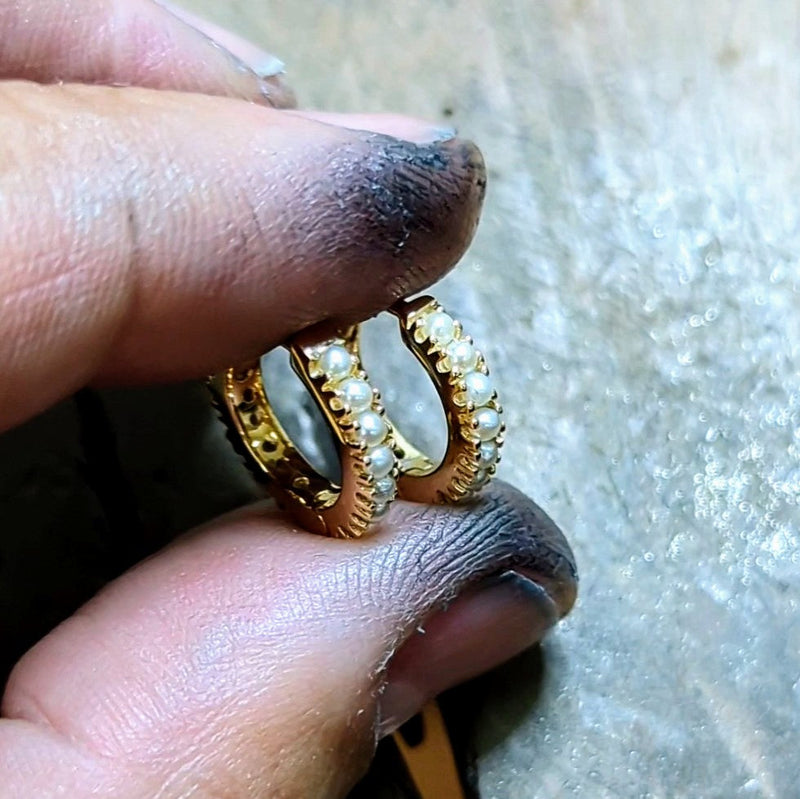 "RTS" Italian Made Pearl Set Huggie Earrings in Yellow Gold