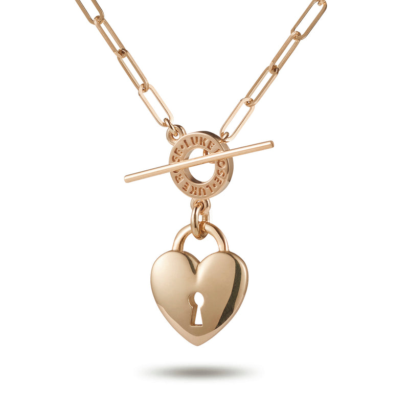 "Key To My Heart" Padlock Paperclip T Bar Necklace in Rose Gold