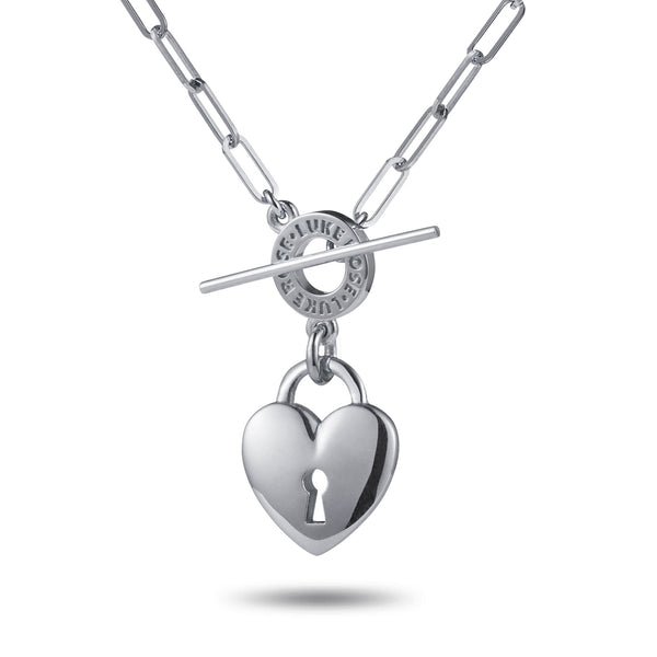 "Key To My Heart" Padlock Paperclip T Bar Necklace in White Gold