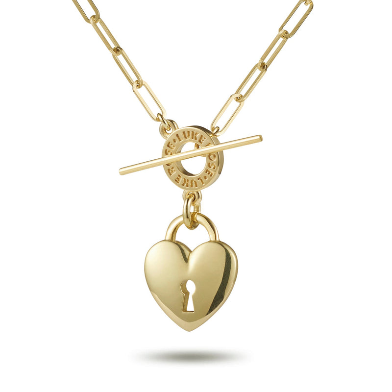 RTS "Key To My Heart" Padlock Paperclip T Bar 46cm Necklace in Yellow Gold