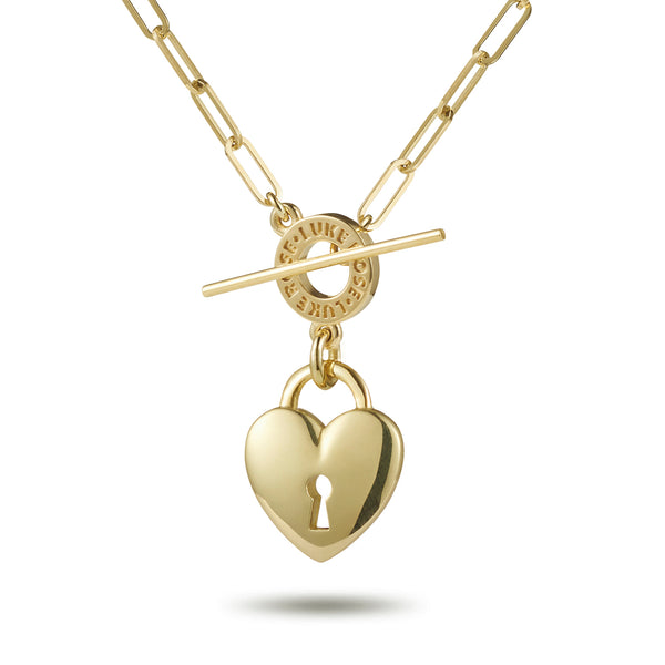 "Key To My Heart" Padlock Paperclip T Bar Necklace in Yellow Gold