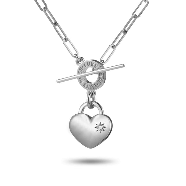 Diamond Set Heart Padlock Paperclip T Bar Necklace in White Gold