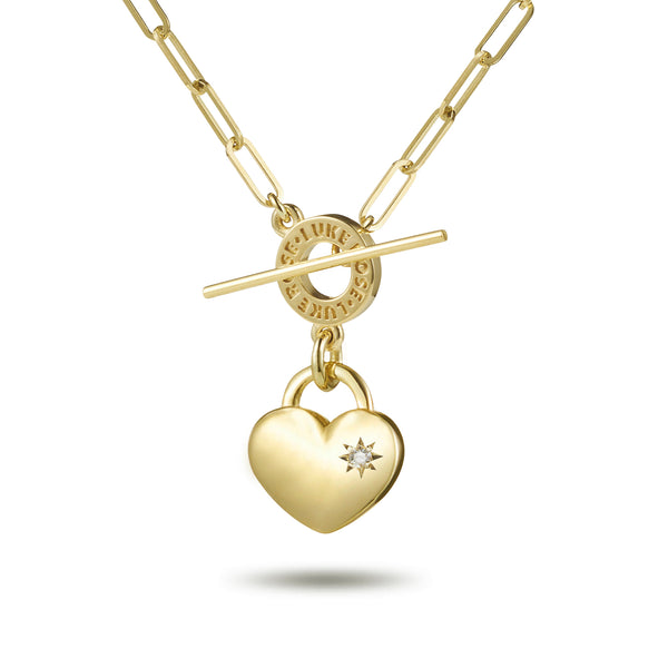 Diamond Set Heart Padlock Paperclip T Bar Necklace in Yellow Gold