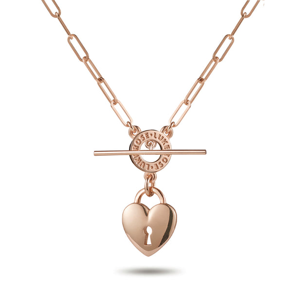 "Key To My Heart" Padlock Paperclip T Bar Necklace in Rose Gold