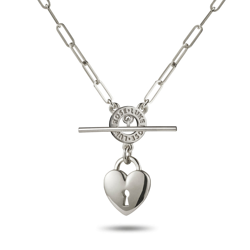 "Key To My Heart" Padlock Paperclip T Bar Necklace in White Gold