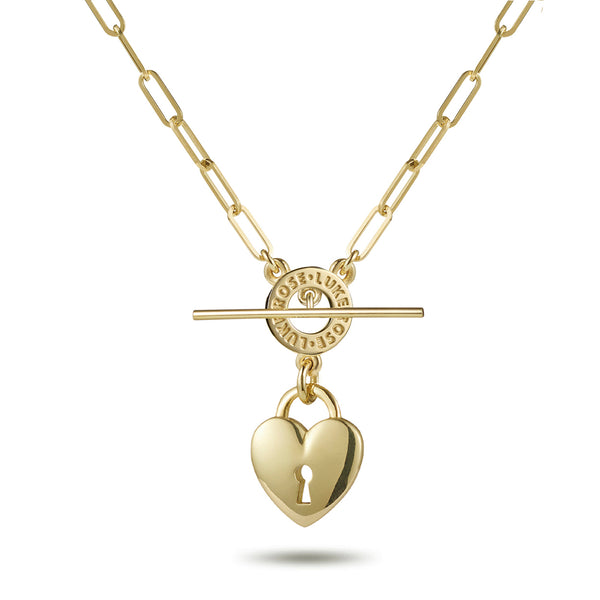 "Key To My Heart" Padlock Paperclip T Bar Necklace in Yellow Gold