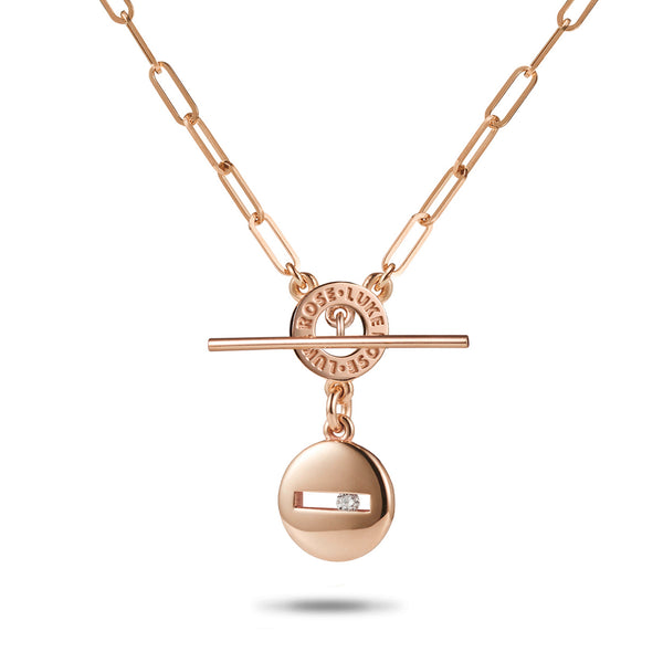 Large Round Sliding Diamond Paperclip Imitation T Bar Necklace in Rose Gold