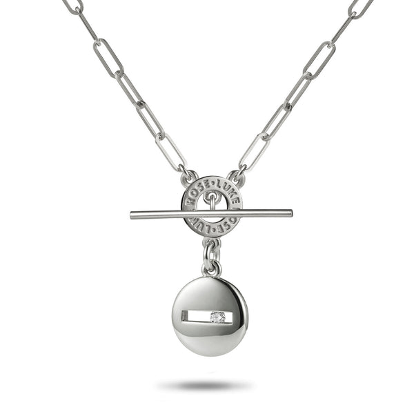 Large Round Sliding Diamond Paperclip Imitation T Bar Necklace in White Gold
