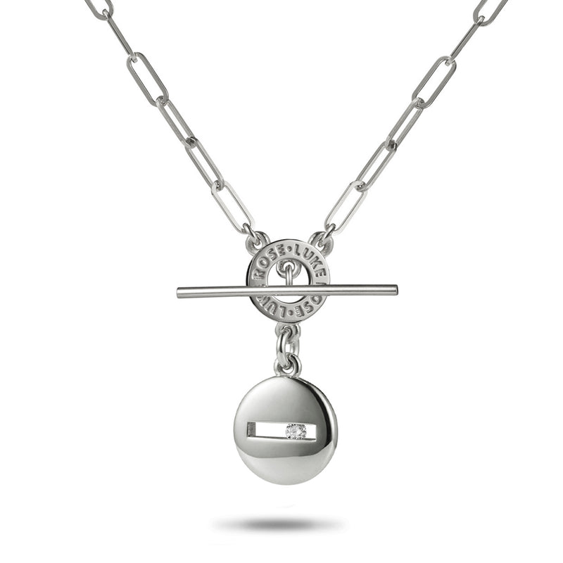 Large Round Sliding Diamond Paperclip Imitation T Bar Necklace in White Gold