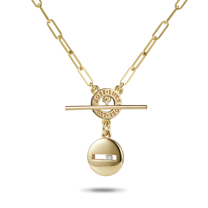 Large Round Sliding Diamond Paperclip Imitation T Bar Necklace in Yellow Gold