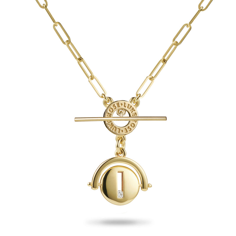 Large Round Sliding Diamond Spinner Paperclip Imitation T Bar Necklace in Yellow Gold