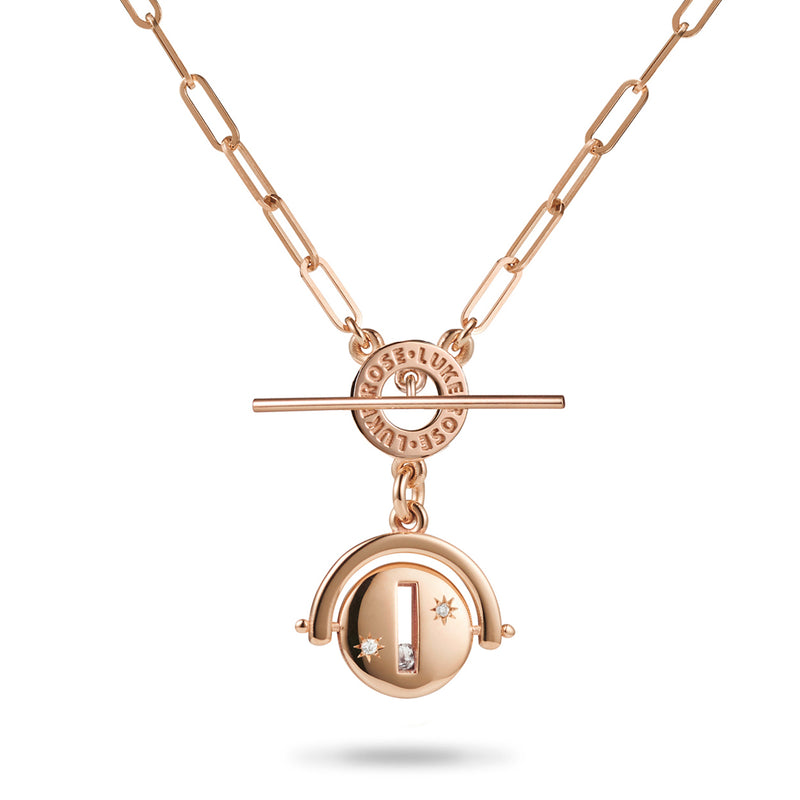 Large Round Sliding Diamond Spinner Paperclip Imitation T Bar Necklace in Rose