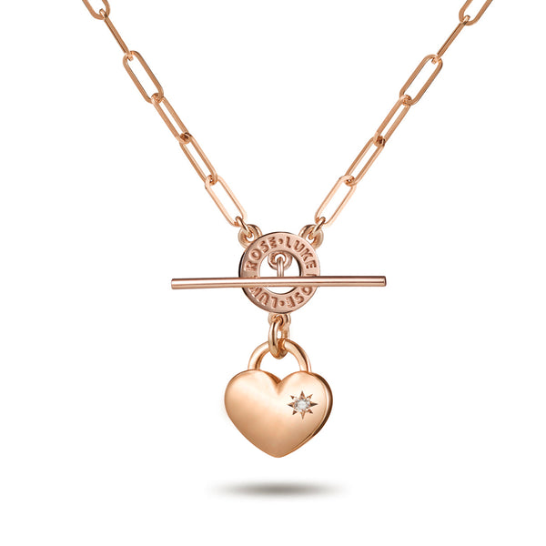 Diamond Set Heart Padlock Paperclip Imitation T Bar Necklace in Rose Gold