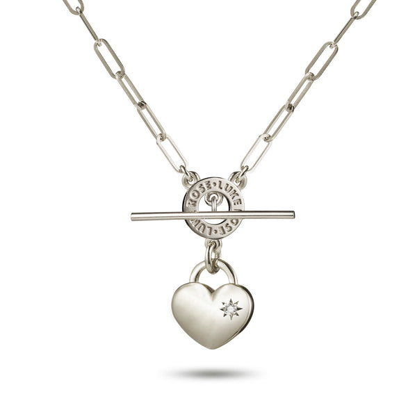 Diamond Set Heart Padlock Paperclip Imitation T Bar Necklace in White Gold