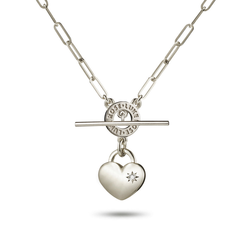 Diamond Set Heart Padlock Paperclip Imitation T Bar Necklace in White Gold