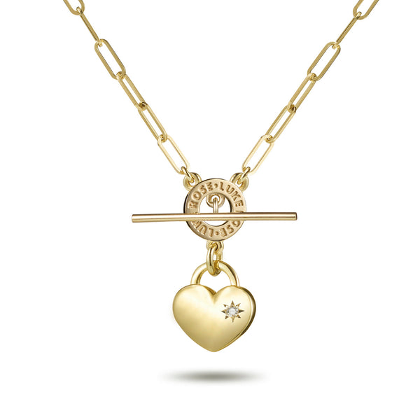 Diamond Set Heart Padlock Paperclip Imitation T Bar Necklace in Yellow Gold