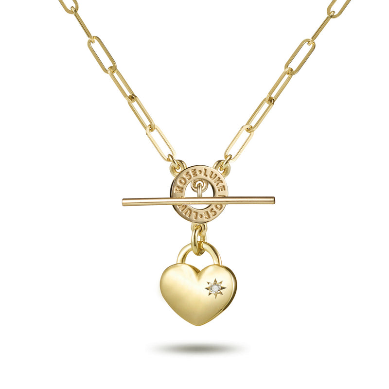 Diamond Set Heart Padlock Paperclip Imitation T Bar Necklace in Yellow Gold