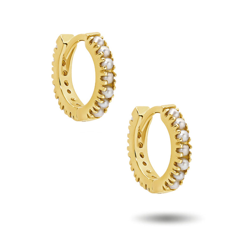 "RTS" Italian Made Pearl Set Huggie Earrings in Yellow Gold