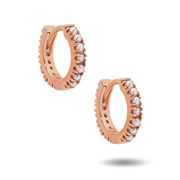 Italian Made Pearl Set Huggie Earrings in Rose Gold