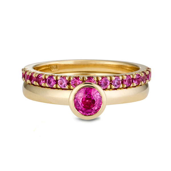 The Large Pink Sapphire Cupped Stack Ring in Yellow Gold