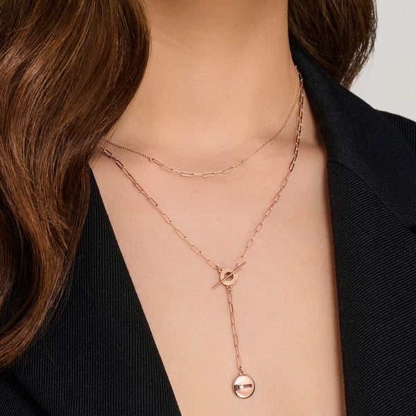 Large Round Sliding Diamond Paperclip T Bar Drop Necklace in Rose Gold