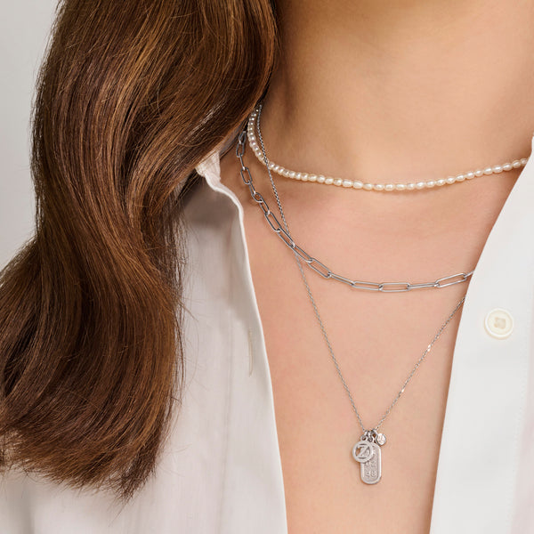 Big Diamond Drop Date Bar and Initial Disc Necklace in Platinum