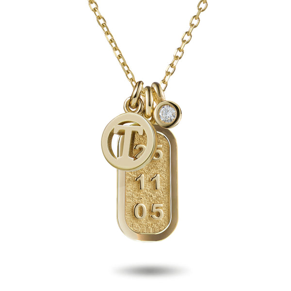 Baby Diamond Drop Date Bar and Initial Disc Necklace in Yellow Gold