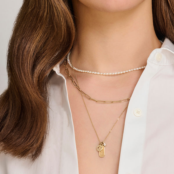 Big Diamond Drop Date Bar and Initial Disc Necklace in Yellow Gold