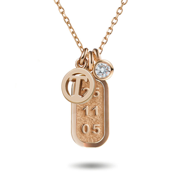 Big Diamond Drop Double Sided Date Bar and Initial Disc Necklace in Rose Gold