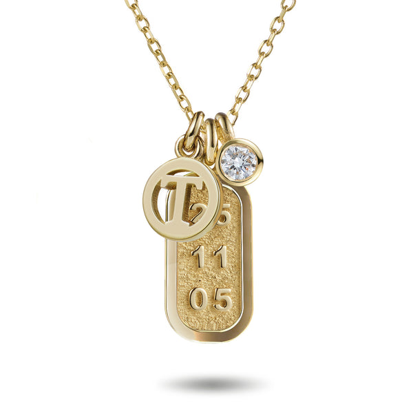Big Diamond Drop Double Sided Date Bar and Initial Disc Necklace in Yellow Gold