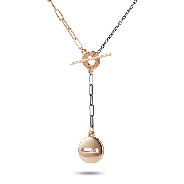 Large Round Sliding Diamond Asymmetrical T Bar Drop Necklace in Black PVD and Rose Gold
