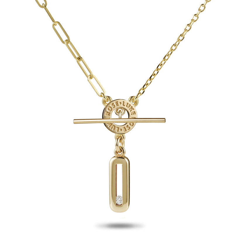 "RTS" 18" Sliding Diamond Asymmetrical Imitation T Bar Necklace in Yellow Gold