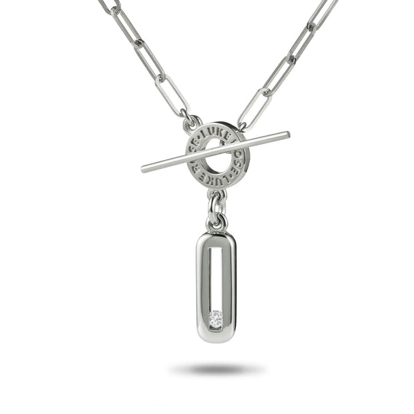 Sliding Diamond Paperclip T Bar Necklace in White Gold