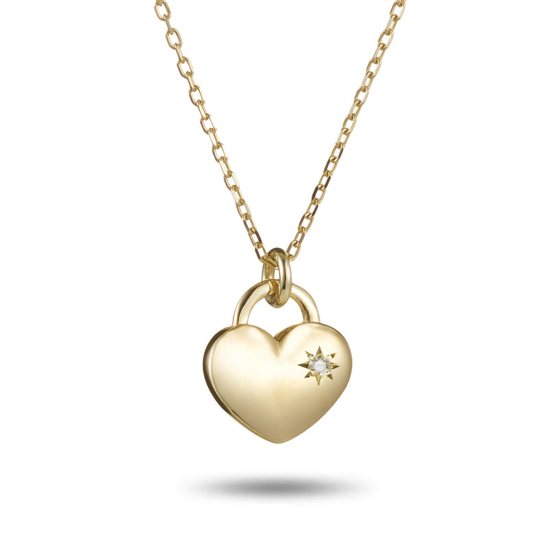 Diamond Set Heart Padlock Necklace in Yellow Gold
