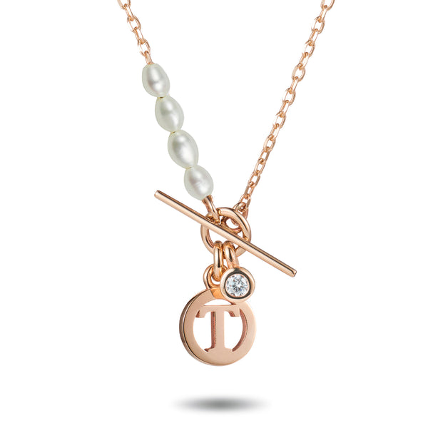 Freshwater Pearl Diamond Drop Baby T Bar Initial Disc Necklace in Rose Gold