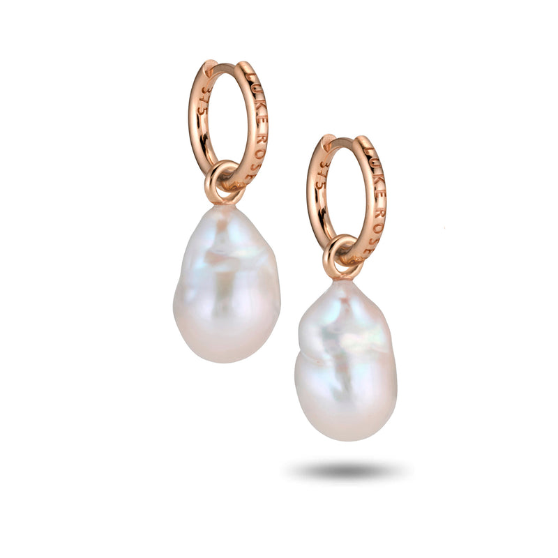 The Baroque Pearl Huggie Hoops in Rose Gold