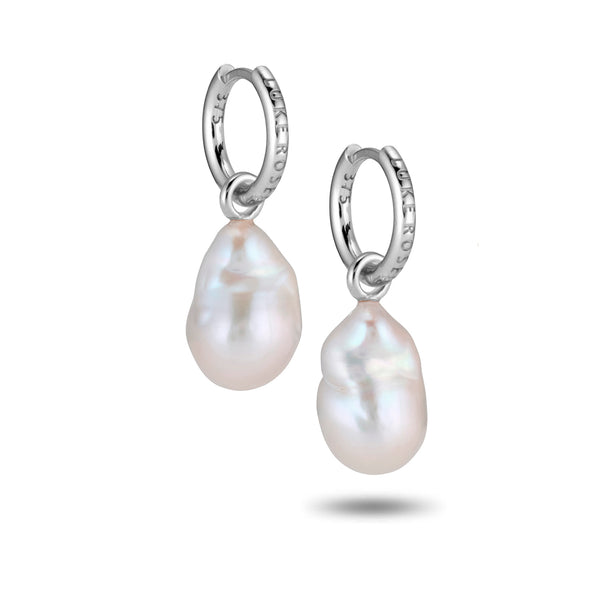 The Baroque Pearl Huggie Hoops in White Gold