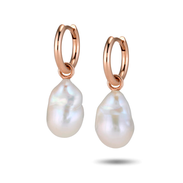The Baroque Pearl Huggie Hoops in Rose Gold