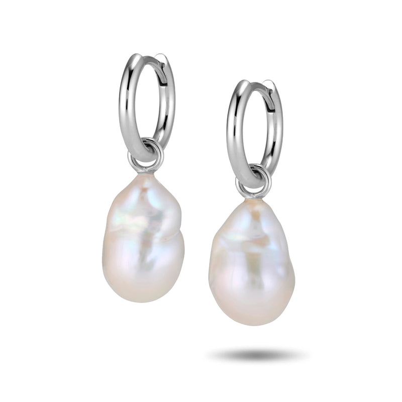 The Baroque Pearl Huggie Hoops in White Gold