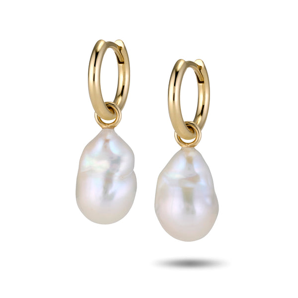 The Baroque Pearl Huggie Hoops in Yellow Gold