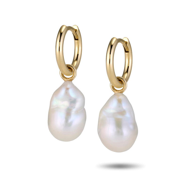 The Baroque Pearl Huggie Hoops in Yellow Gold