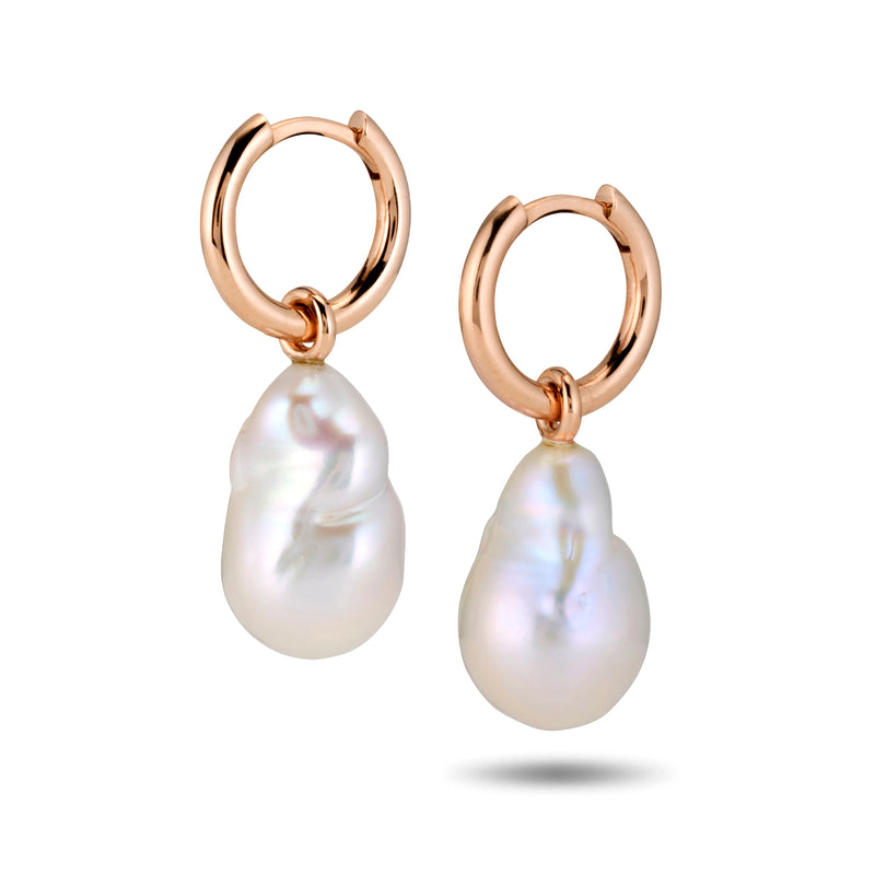 The Baroque Pearl Huggie Hoops in Rose Gold